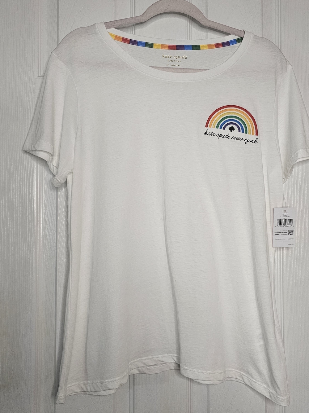 kate spade White Short-Sleeve Tee with Rainbow Chest Embroidery